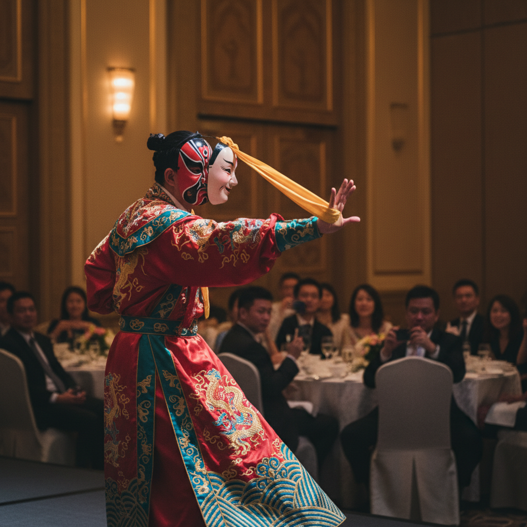 Professional Sichuan Bian Lian face changer performing in traditional silk costume at a Singapore corporate gala dinner