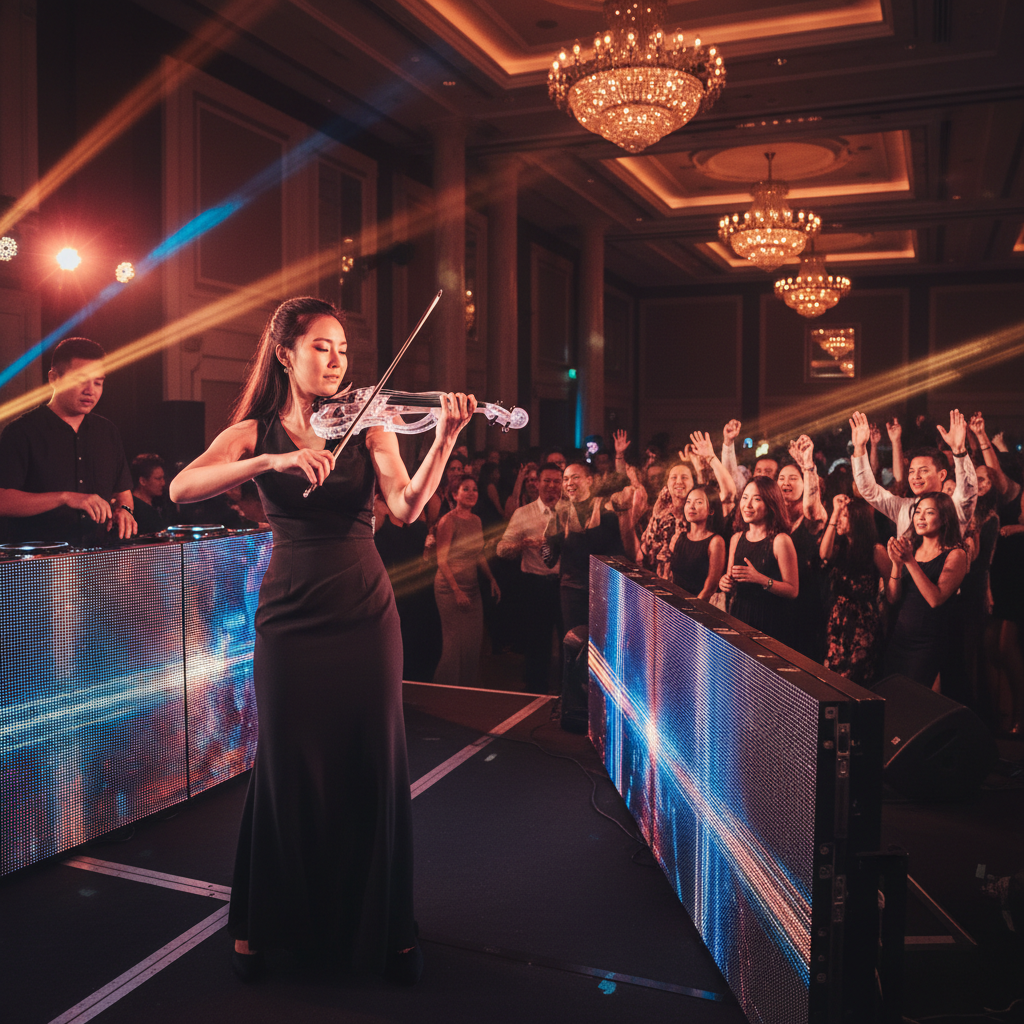 Electric violinist performing alongside a live DJ on a lit stage during a corporate gala in Singapore