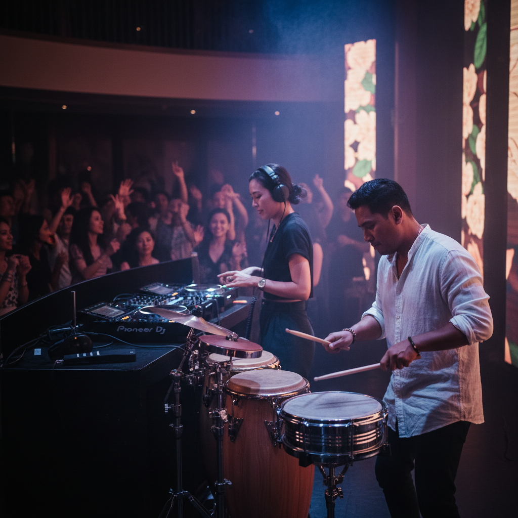DJ and live percussionist performing together at a modern corporate event in Singapore