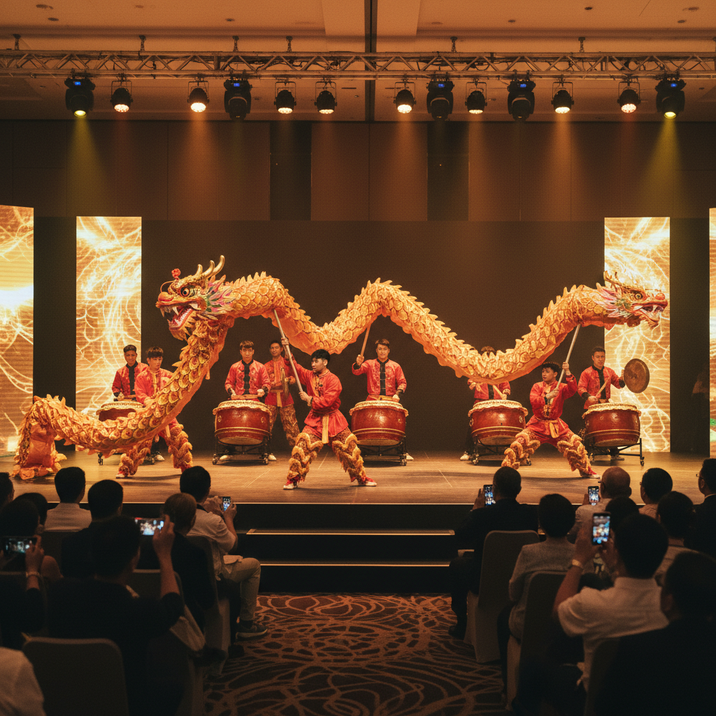 Luxoria Entertainment dragon dance troupe performing in a Singapore hotel ballroom with drums and golden dragon
