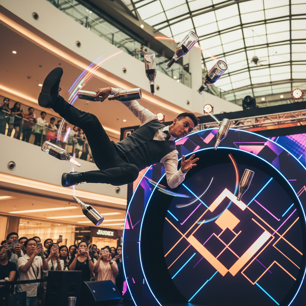 A dynamic flair bartender performing at a brand activation event in a modern shopping mall in Singapore, with LED lights and branded signage in the background for Luxoria Entertainment.