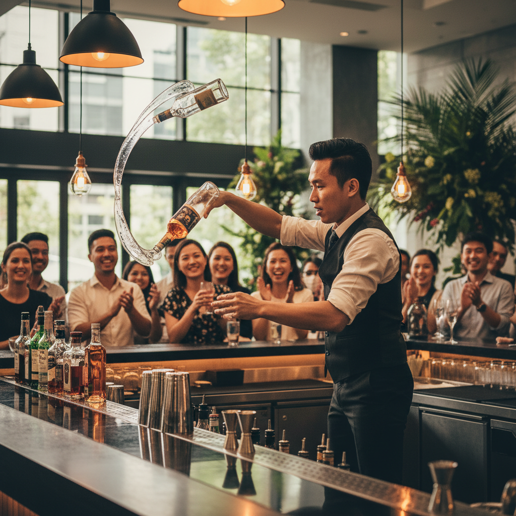 Luxoria Entertainment flair bartender performing a dynamic bottle trick at a sophisticated brand launch event in Singapore, with guests watching.