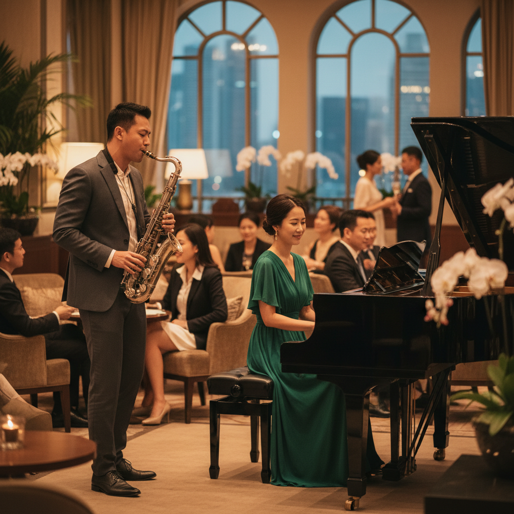 A jazz duo, consisting of a male saxophonist and a female pianist, performing an intimate set at a warmly lit hotel lounge in Singapore for Luxoria Entertainment guests.