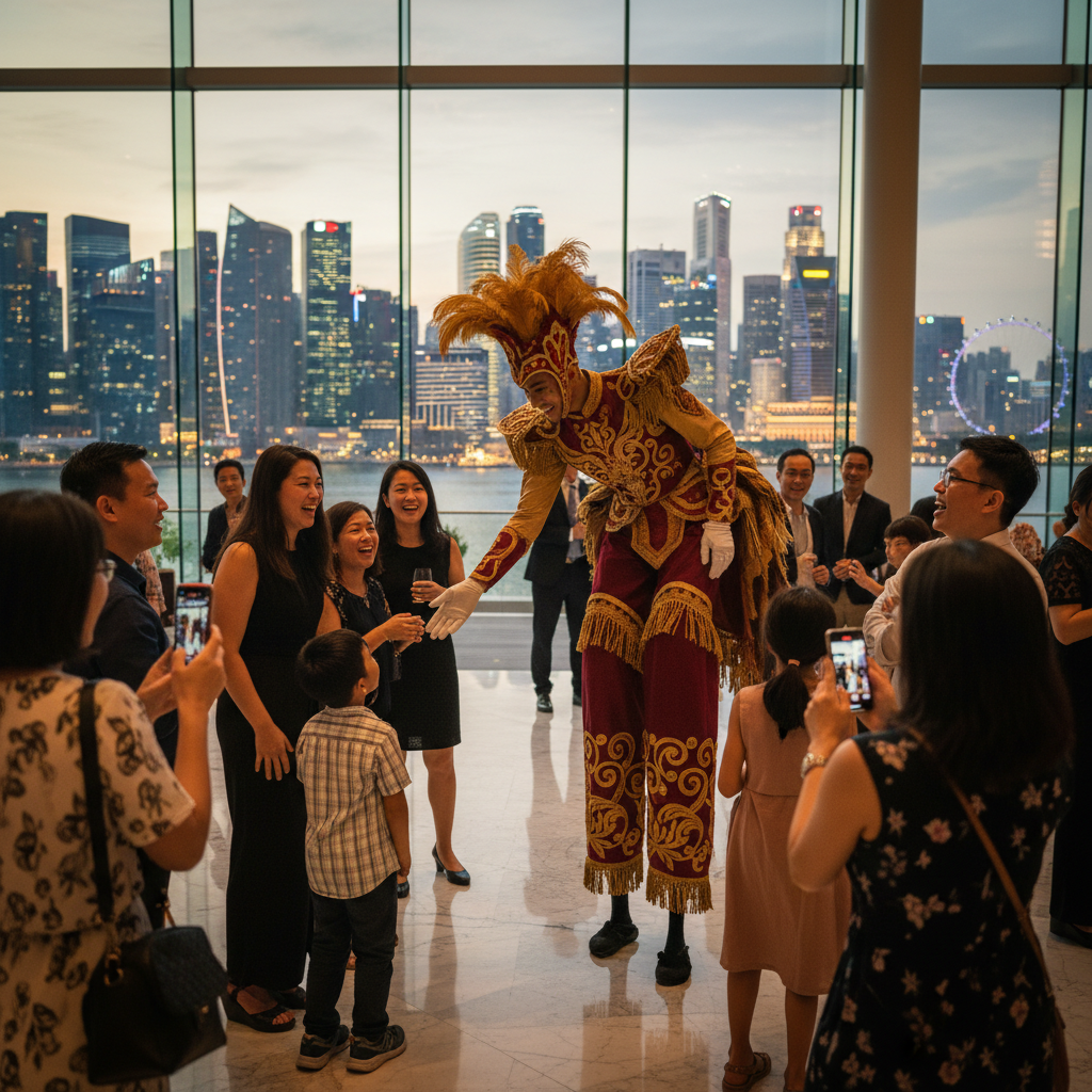 Luxoria Entertainment stilt walker at a vibrant corporate event in Singapore, interacting with guests.