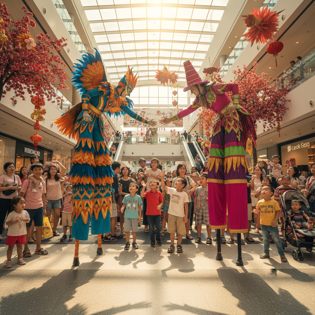 Two vibrantly costumed stilt walkers engaging with families at a busy shopping mall in Singapore, by Luxoria Entertainment.