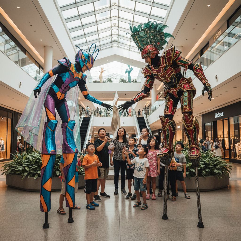 Two Luxoria stilt walkers in vibrant, futuristic costumes interacting with shoppers in a brightly lit Singapore mall atrium.