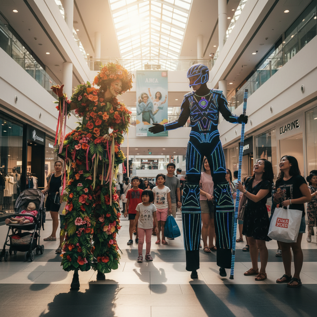 Two vibrantly costumed stilt walkers engaging with shoppers in a bright, modern shopping mall atrium during a brand activation in Singapore, with a Luxoria Entertainment logo subtly visible on their attire.