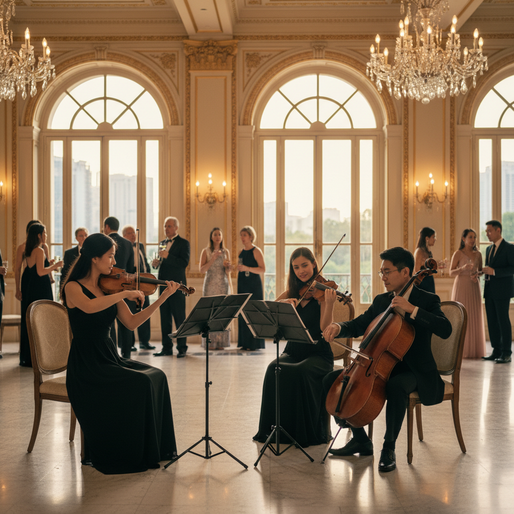 Luxoria Entertainment string quartet performing elegantly at a wedding reception in Singapore