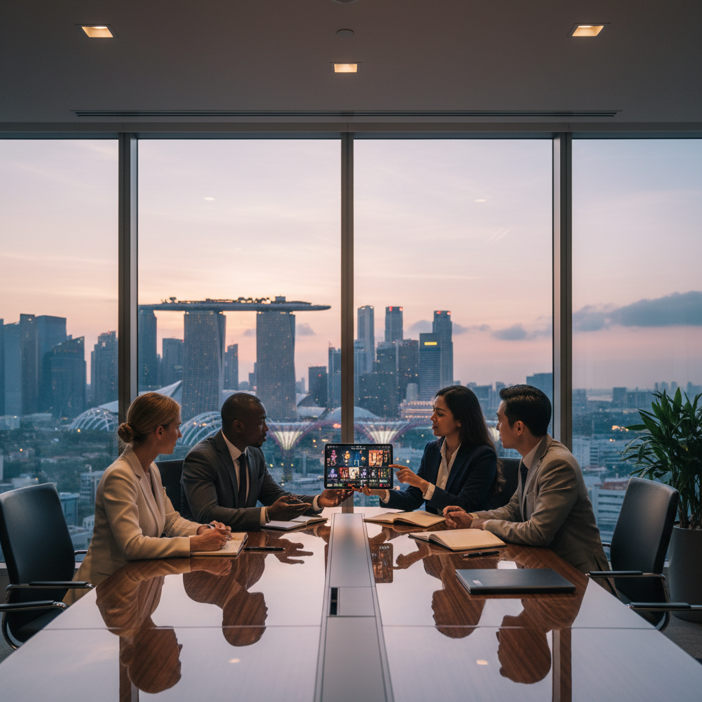 Luxoria Entertainment corporate event planning team discussing entertainment options with a client in a modern office overlooking the Singapore skyline