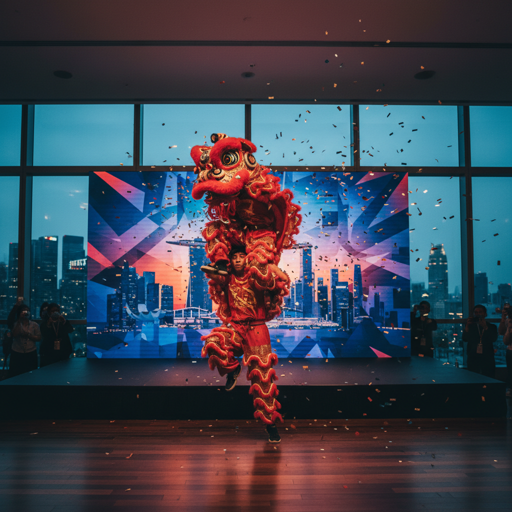 Dynamic photo of Luxoria Entertainment's lion dance troupe performing at a brand launch event in a modern Singapore venue, with vibrant lighting.