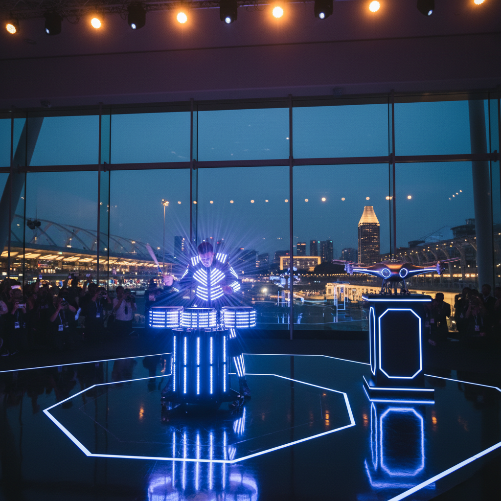 A high-energy LED drummer performing on a futuristic stage for a product launch event at the F1 Pit Building in Singapore for Luxoria Entertainment clients.