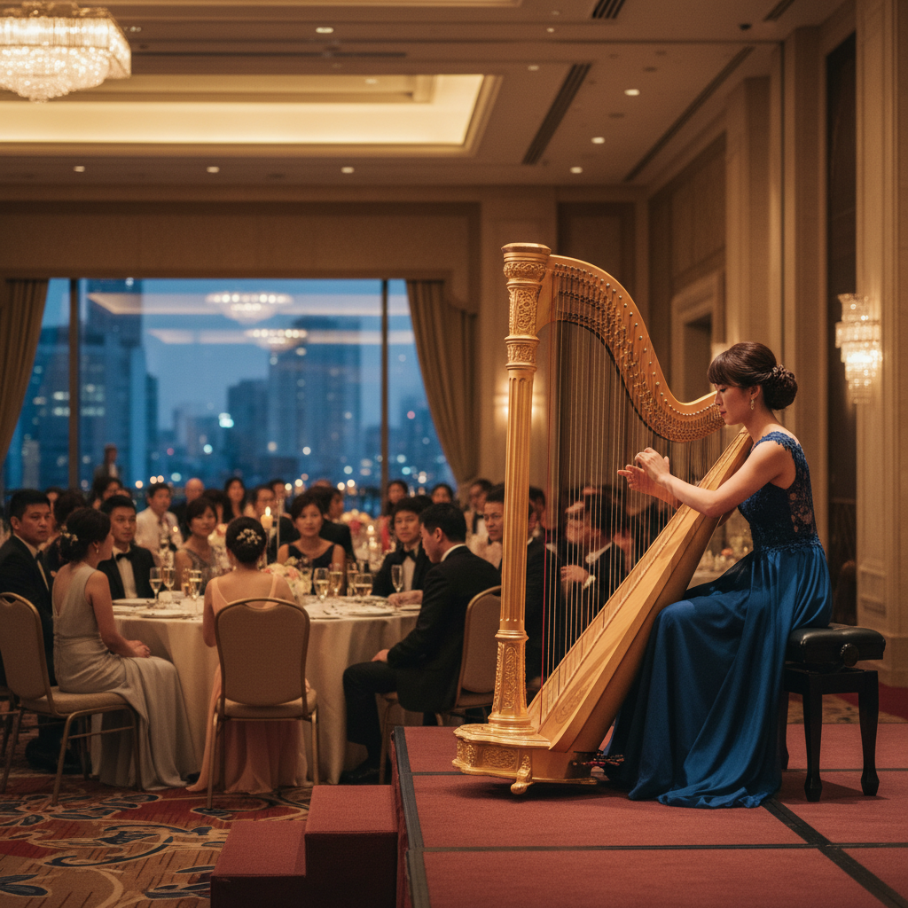 A professional harpist performing at an elegant corporate gala in a grand hotel ballroom, with Luxoria Entertainment branding visible.
