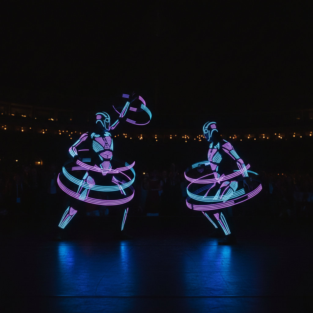 Two dynamic LED dancers performing on a dark stage, their costumes glowing brightly with geometric patterns, creating a stunning visual for a corporate event in Singapore, representing Luxoria Entertainment's cutting-edge acts.