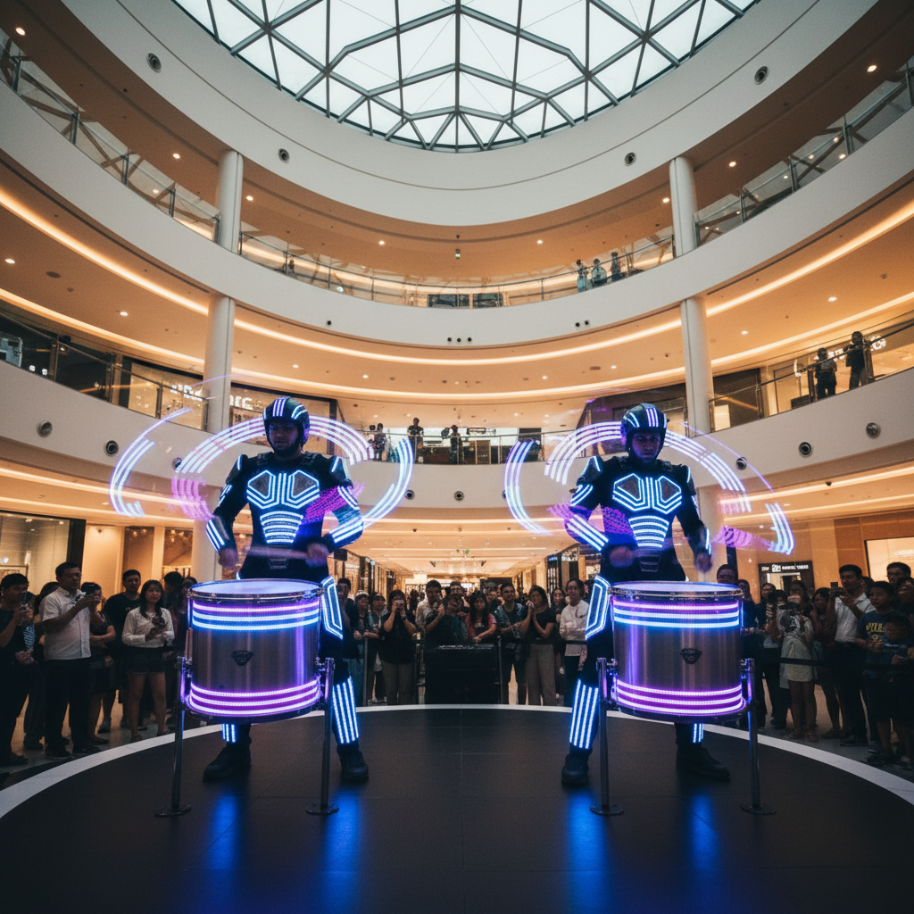 Dynamic LED drummers in glowing costumes performing powerfully for a brand activation at a bustling Singapore mall, expertly captured by Luxoria Entertainment.