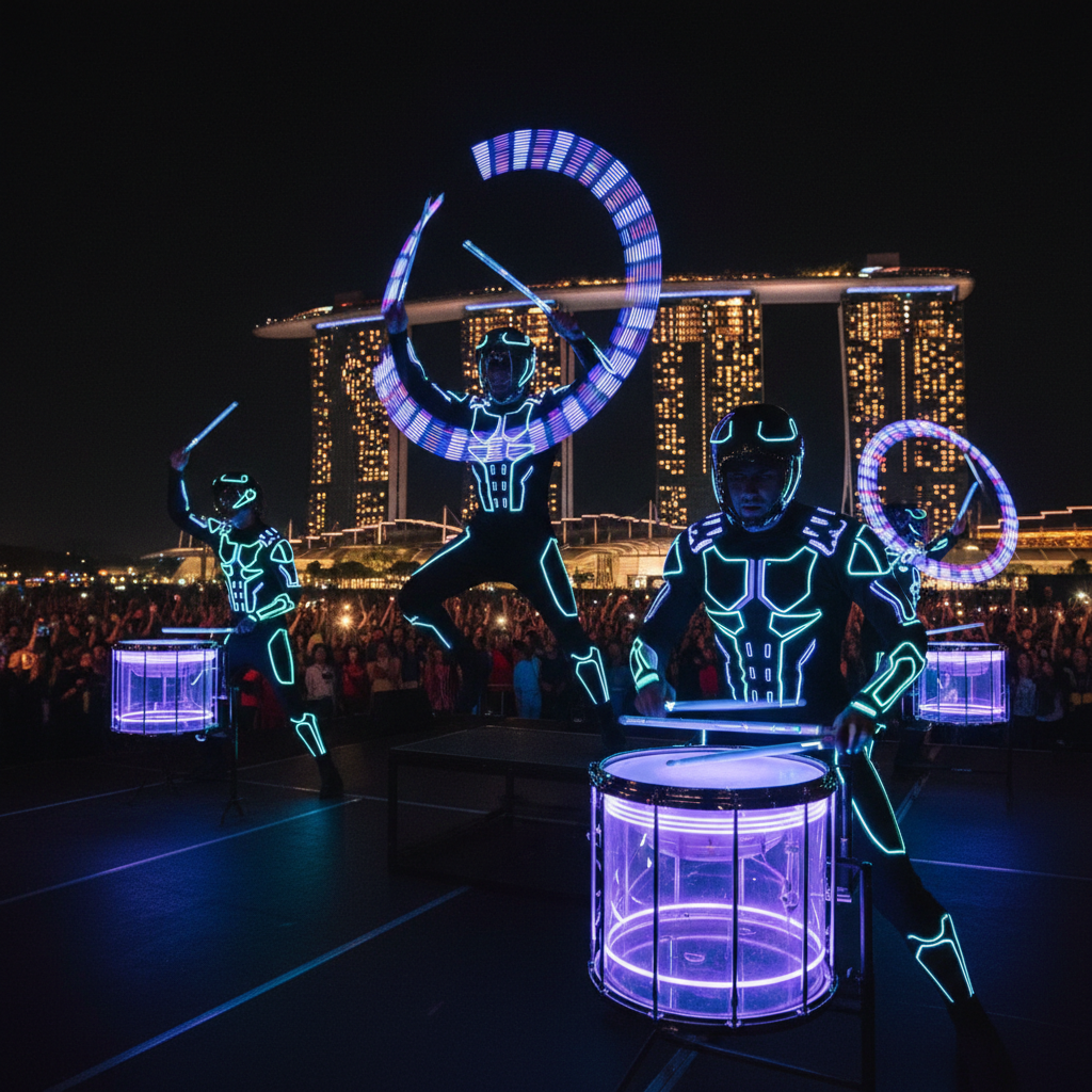 Three Luxoria Entertainment LED drummers in futuristic illuminated costumes performing on a dimly lit stage at a corporate event in Singapore, with vibrant light trails.