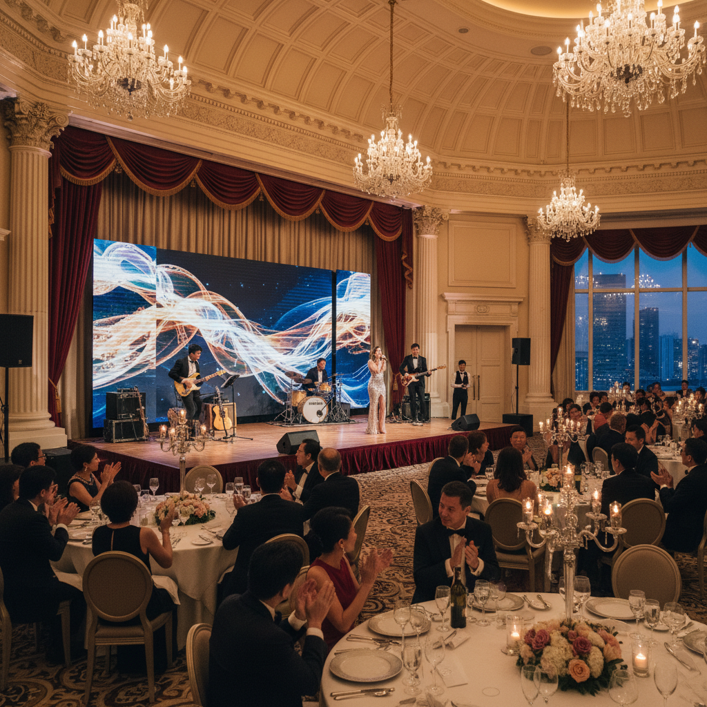A live band performs on a brightly lit stage at a luxurious corporate gala dinner in a Singapore hotel ballroom, with guests seated at elegant tables.