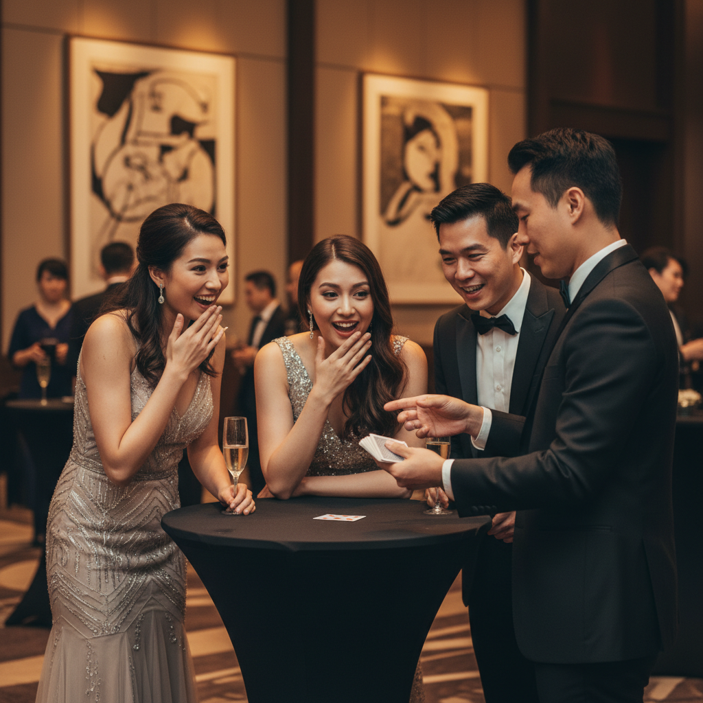 A magician performing a card trick at a corporate event in a Singapore hotel ballroom with guests watching intently, by Luxoria Entertainment.