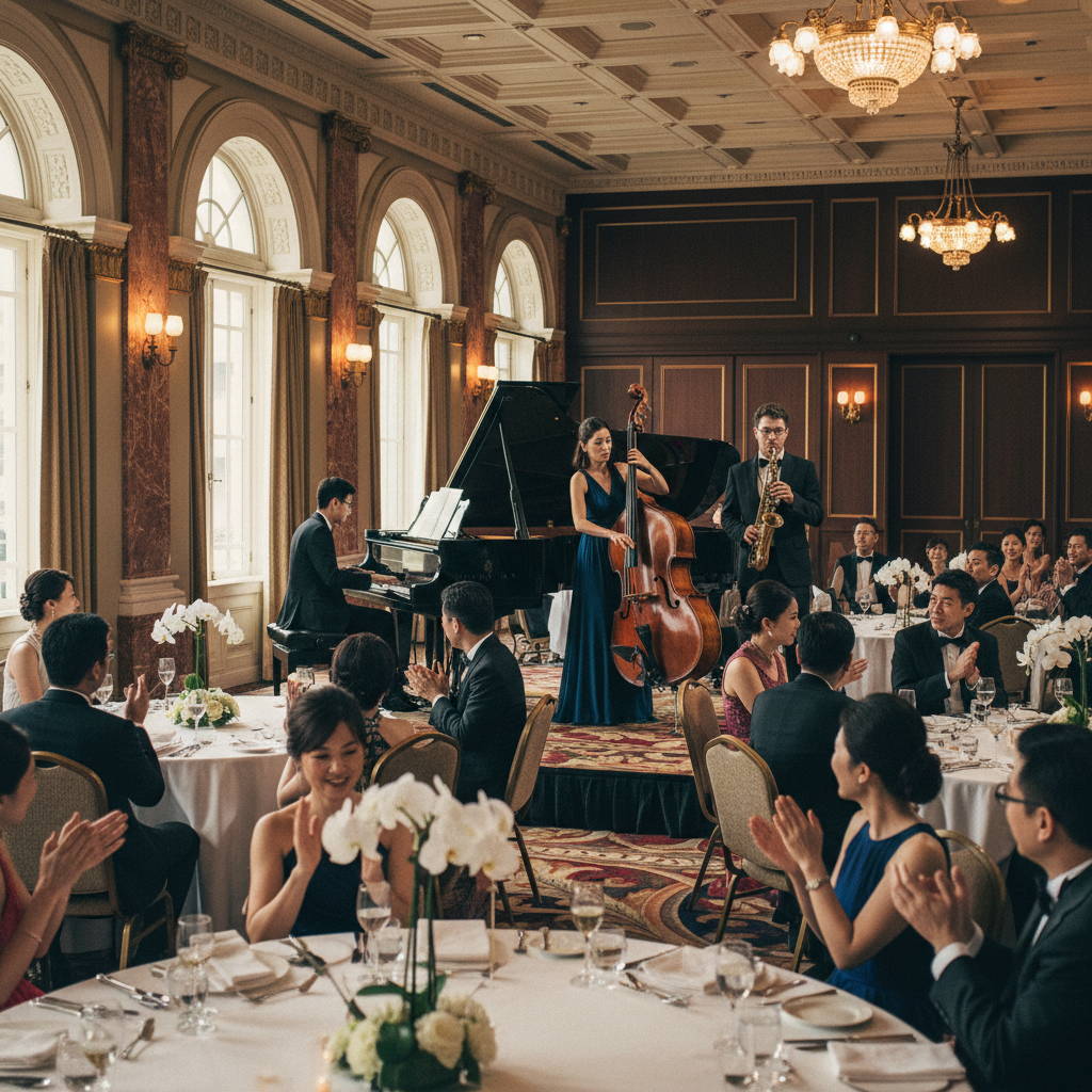 A jazz trio performing on stage at a corporate gala dinner in a lavish hotel ballroom in Singapore for Luxoria Entertainment.