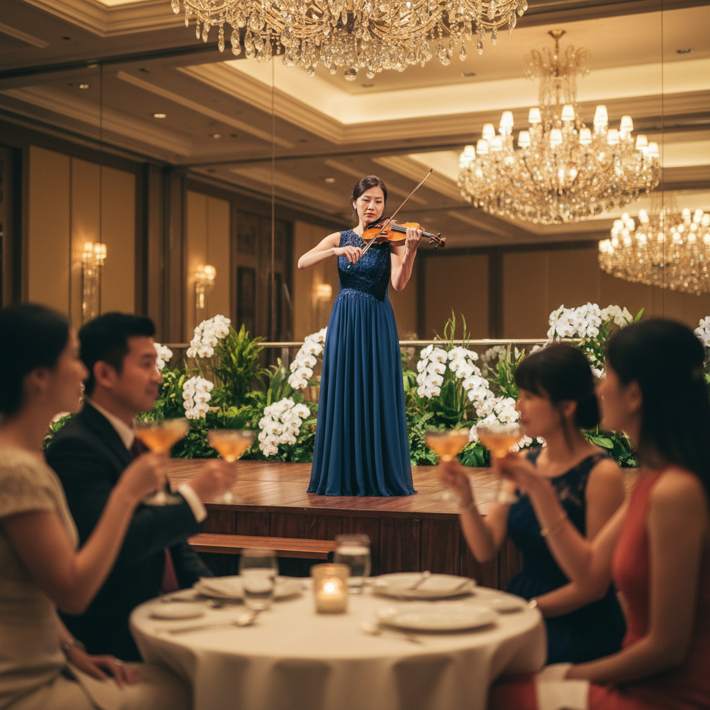 Luxoria Entertainment solo violinist performing gracefully at a luxury wedding reception in a beautifully decorated hotel ballroom in Singapore.