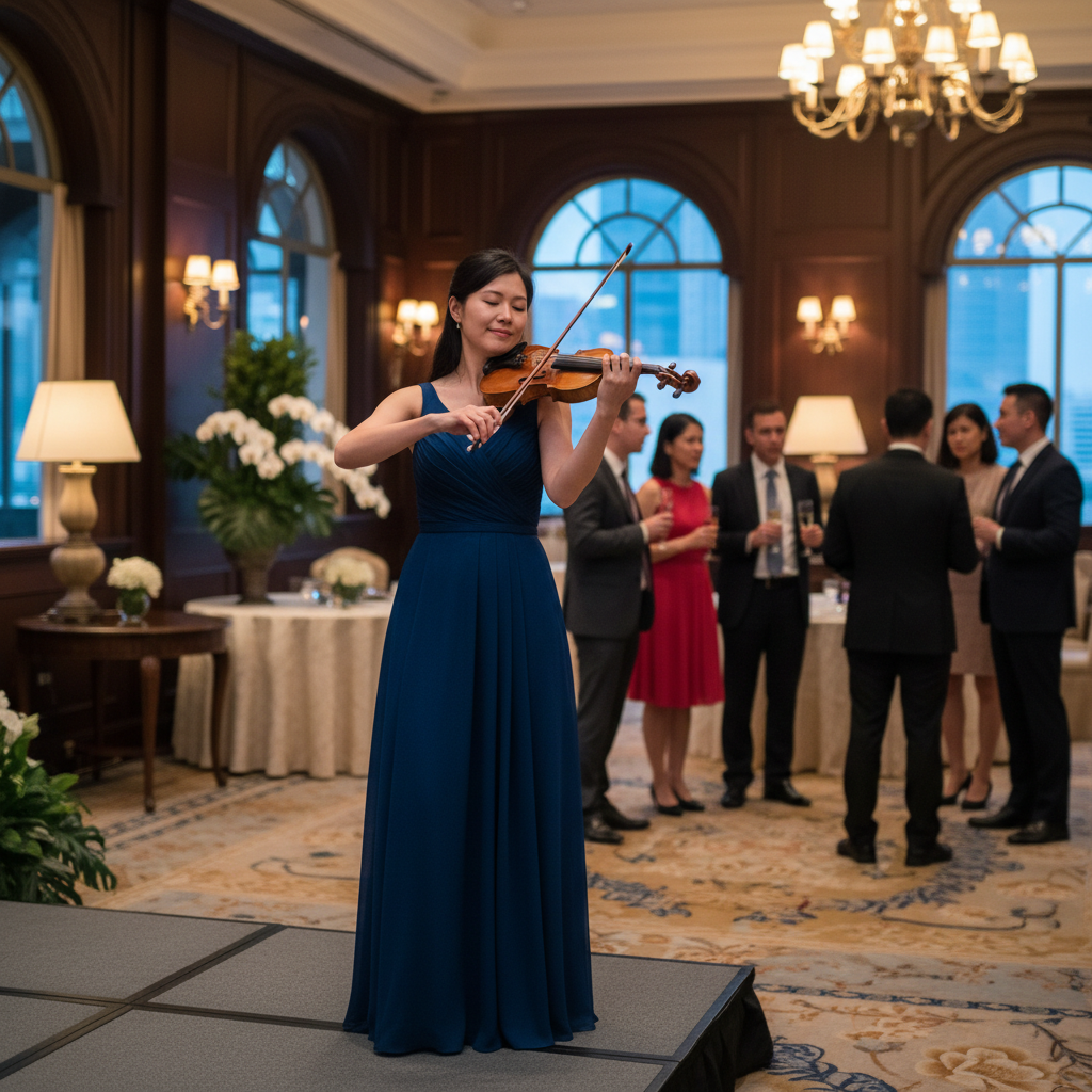 A professional solo violinist performing gracefully at a sophisticated corporate reception in a well-lit hotel ballroom in Singapore, with guests mingling in the background and a Luxoria Entertainment banner discreetly placed.