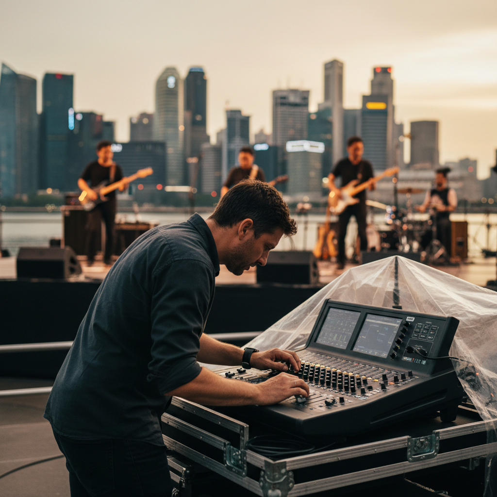 A sound engineer adjusts a digital mixing console next to a stage with a live band performing at an outdoor corporate event in Singapore, with Marina Bay in the background.