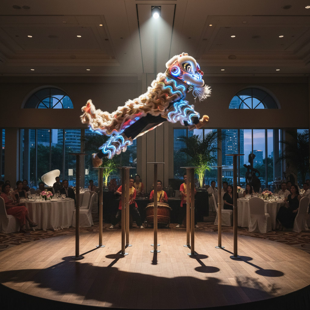 Luxoria Entertainment modern LED lion dance troupe performing vibrant acrobatics in a grand Singapore ballroom.