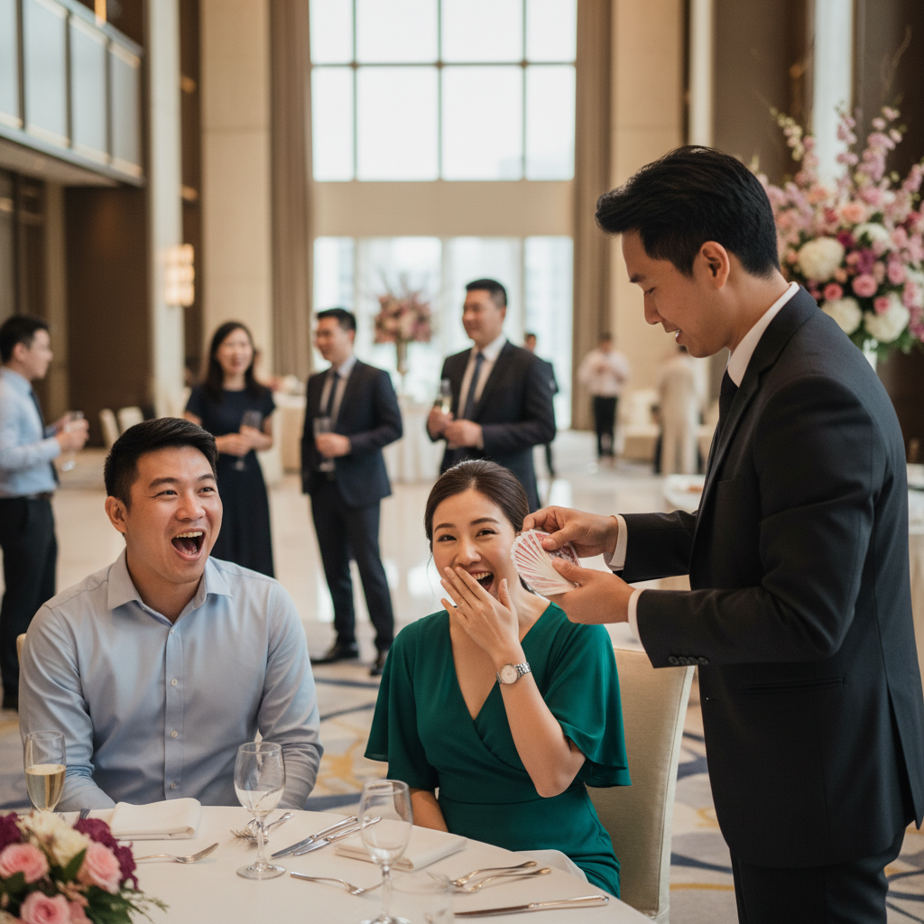 A close-up shot of a Luxoria Entertainment magician performing a card trick for an engaged audience at a Singapore corporate event.