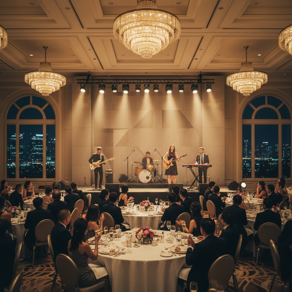 Professional five piece live band performing on stage in a luxury Singapore hotel ballroom