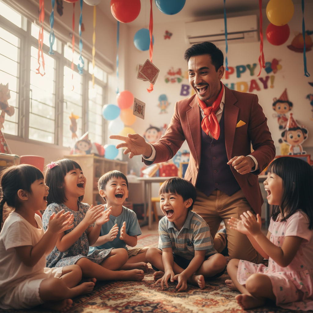 A Luxoria Entertainment magician performs a vibrant trick for a group of laughing children at a birthday party in Singapore, with balloons in the background.