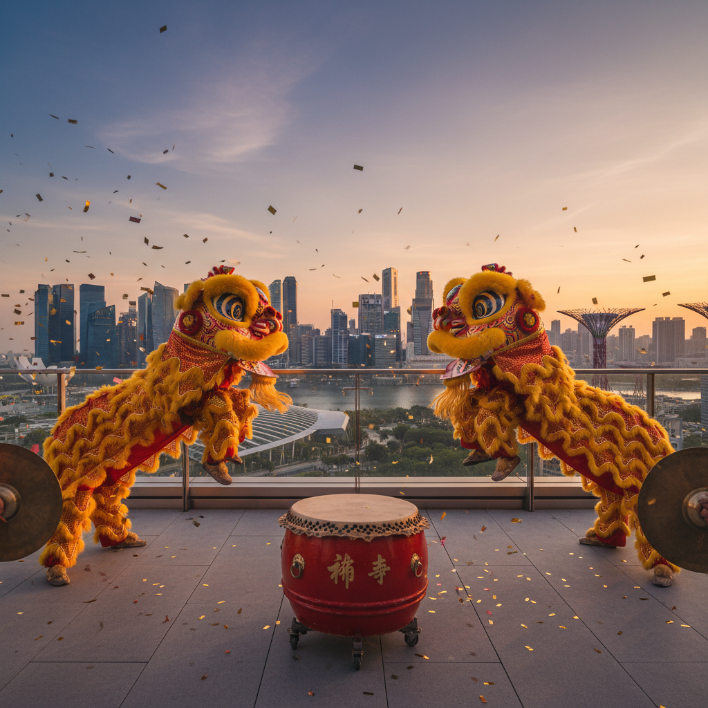 Luxoria Entertainment twin traditional lion dance troupe performing an auspicious ceremony for a corporate office in Singapore