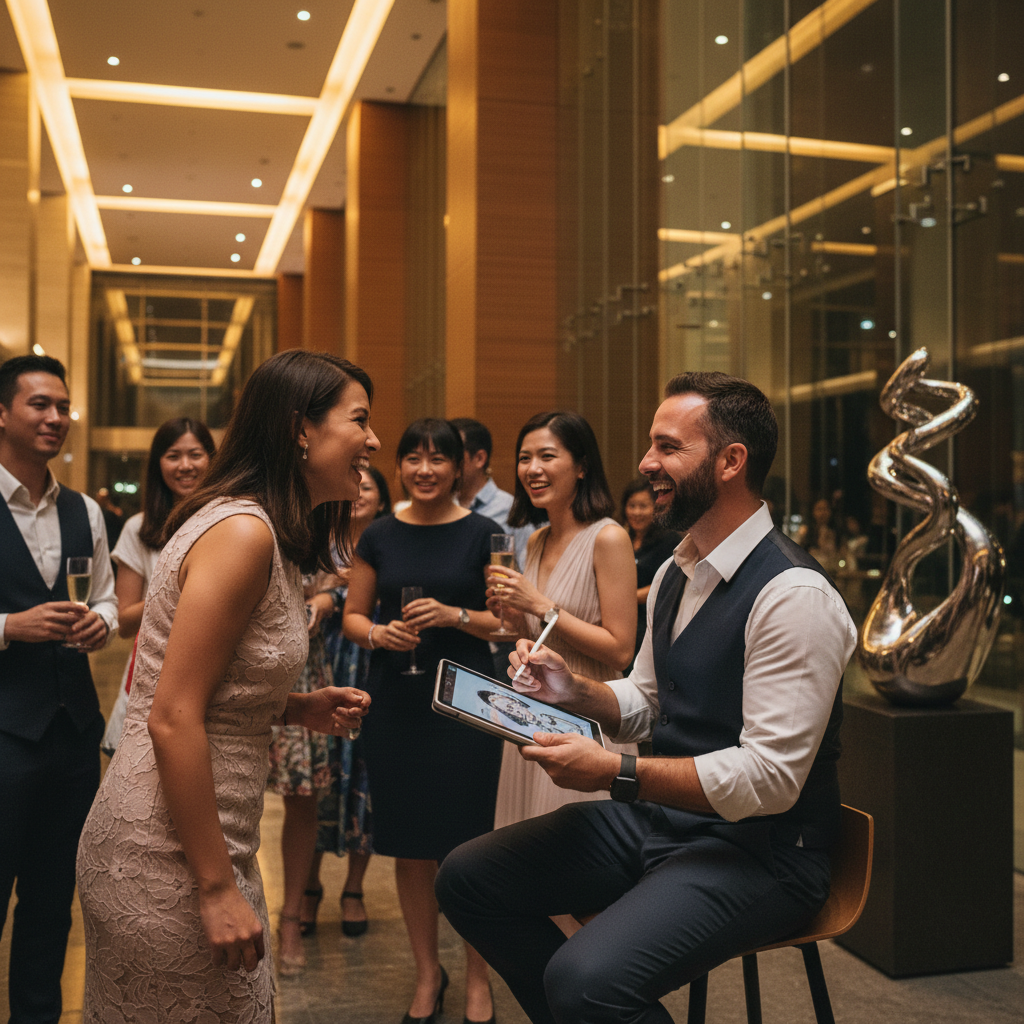Professional caricaturist drawing a digital portrait on an iPad during a corporate cocktail reception in Singapore