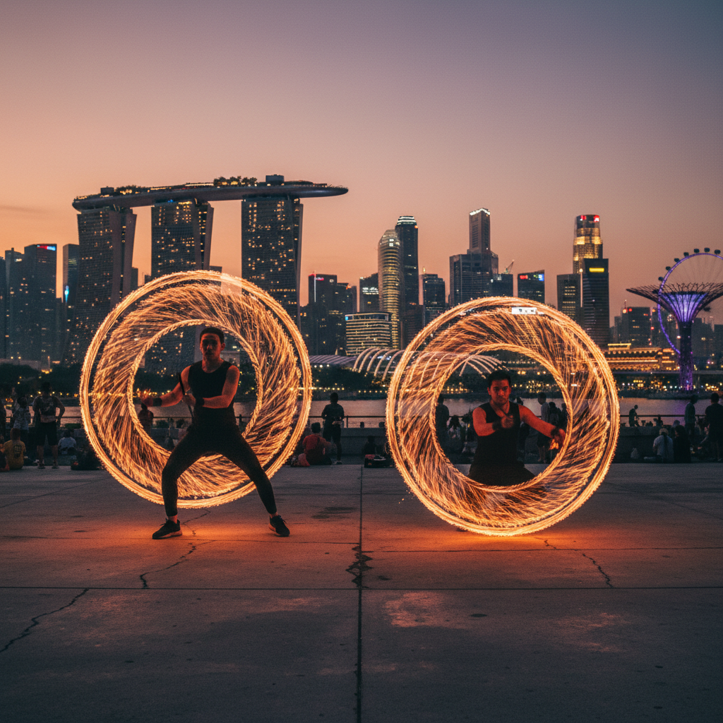 Two fire performers with glowing fire staffs in an outdoor setting at night, with the Singapore skyline in the background, Luxoria Entertainment.