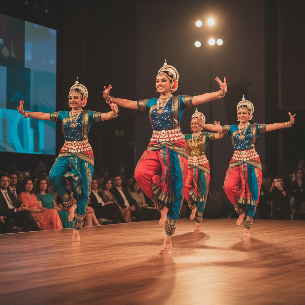 Dynamic Indian dancers in colourful traditional attire performing on a brightly lit stage for a corporate gala dinner in Singapore, showcasing Luxoria Entertainment's quality.