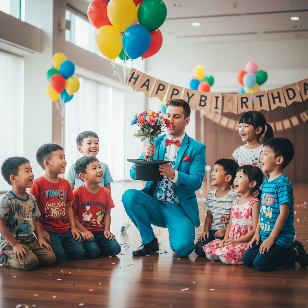 A group of happy children laughing and clapping around a magician performing a trick at a birthday party, with colorful balloons in the background, representing Luxoria Entertainment's kids' party services.