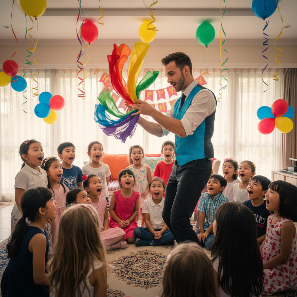 A vibrant children's party in Singapore with a magician captivating a group of excited kids with a colorful trick.