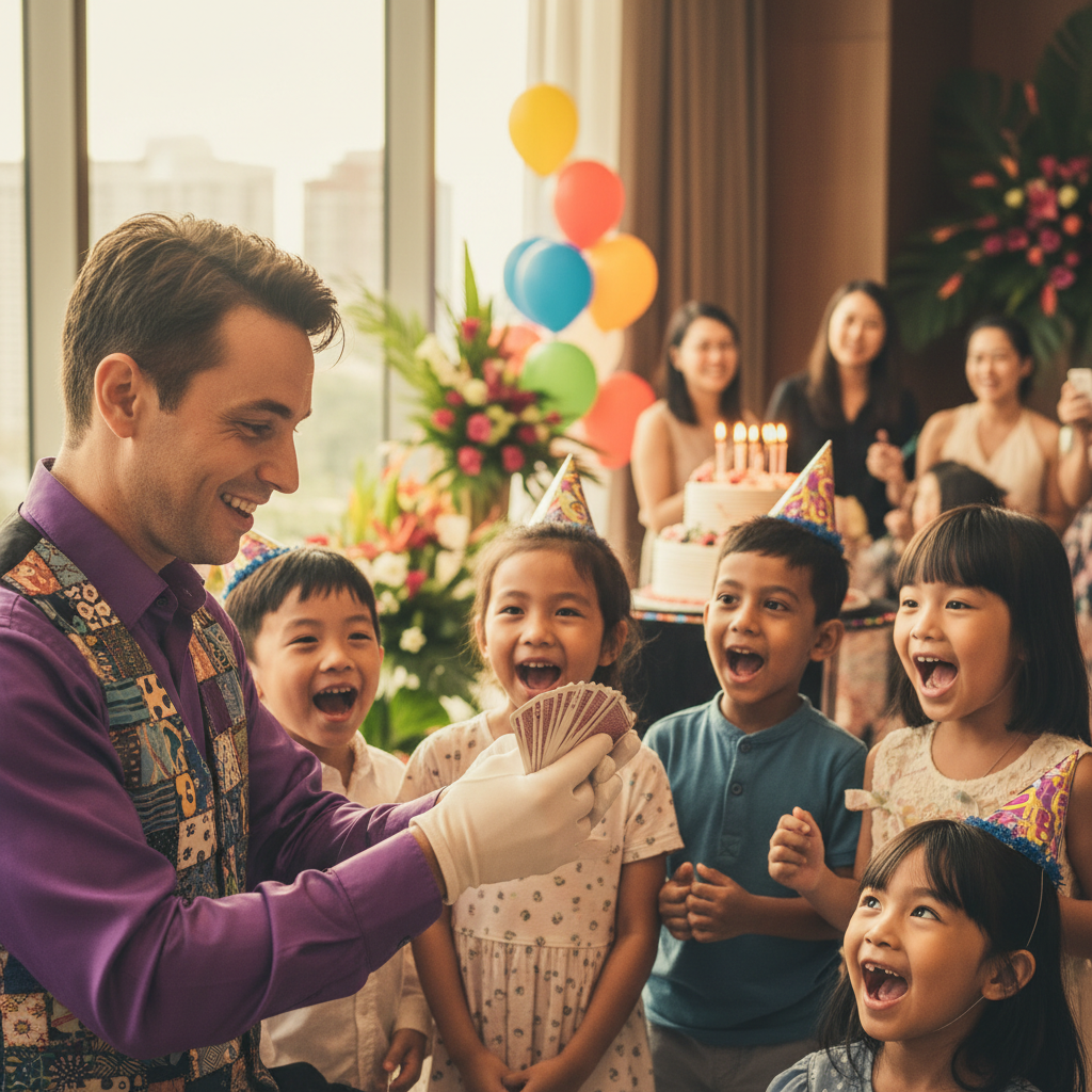 A close-up shot of a Luxoria Entertainment magician performing a card trick for an amazed group of children at a birthday party in Singapore, with colourful balloons in the background.