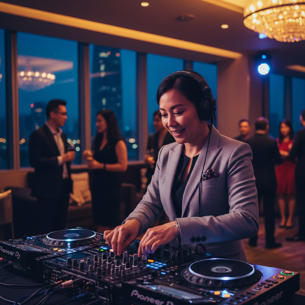 Live corporate DJ performing behind modern DJ decks at an upscale Singapore company event