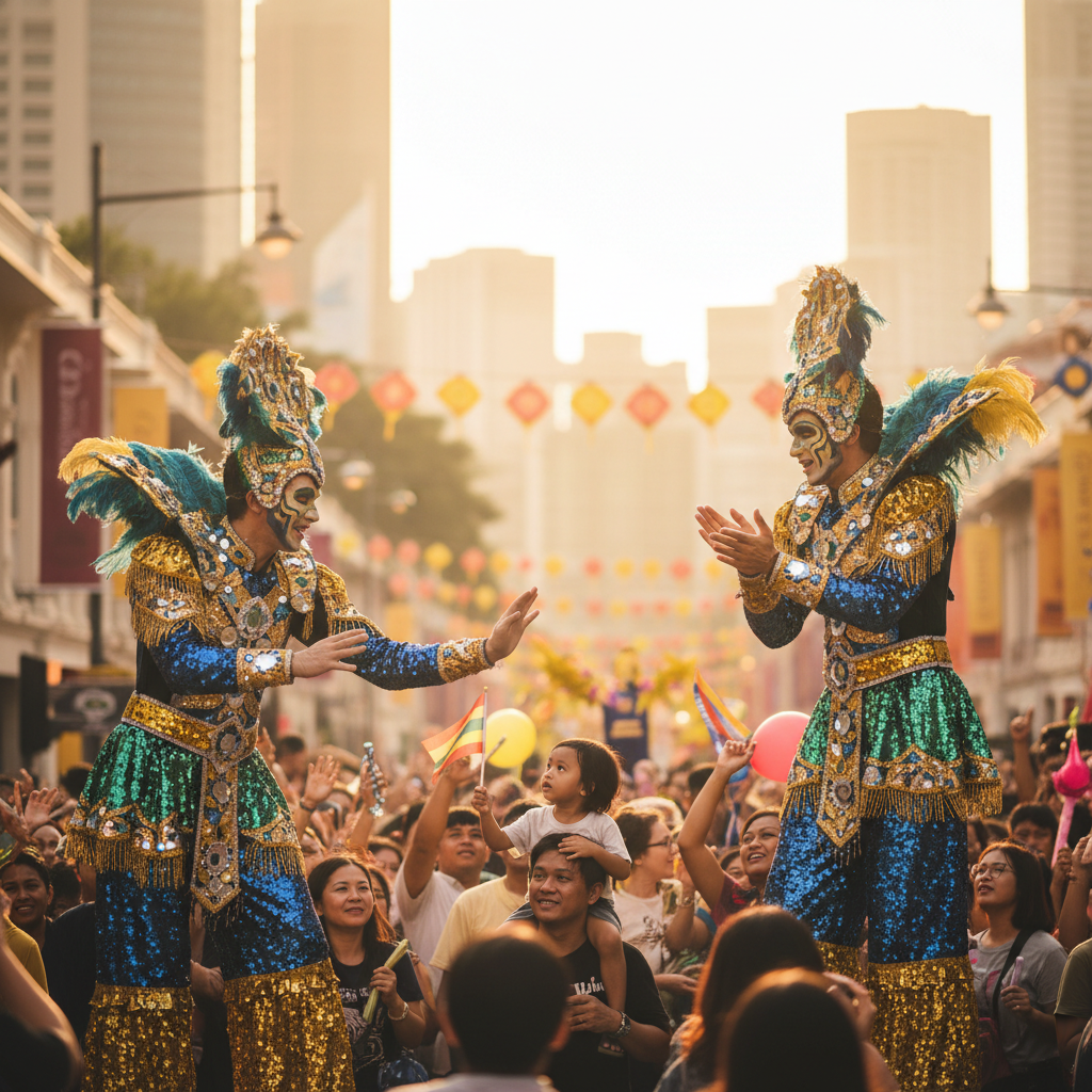 Two towering stilt walkers in elaborate, vibrant costumes interacting with an amazed crowd at a festive parade in Singapore, organized by Luxoria Entertainment.