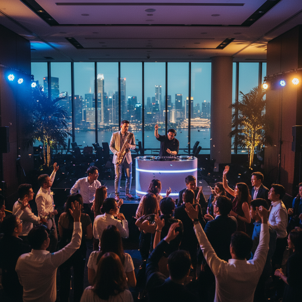 Live saxophonist and club DJ performing together on stage at a corporate dinner and dance event in Singapore