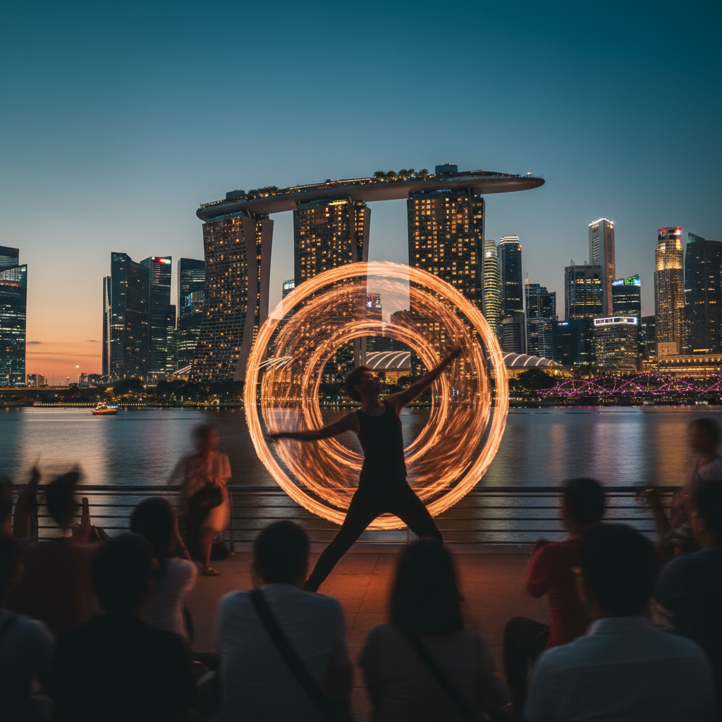 A dynamic fire performer twirling flaming poi against the Singapore skyline at an outdoor Luxoria Entertainment event.