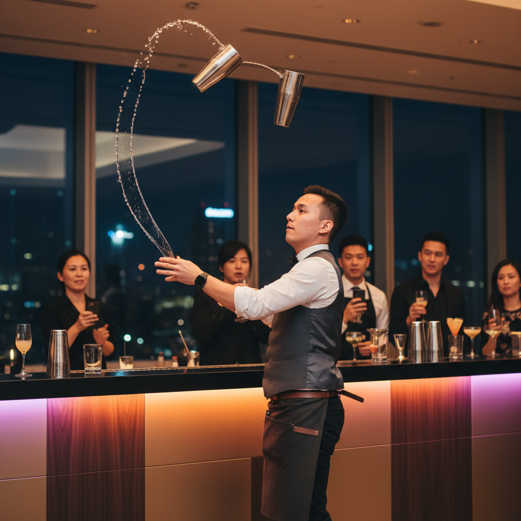 A skilled flair bartender performing acrobatic bottle tricks at a sleek branded bar during a corporate product launch in Singapore, provided by Luxoria Entertainment.