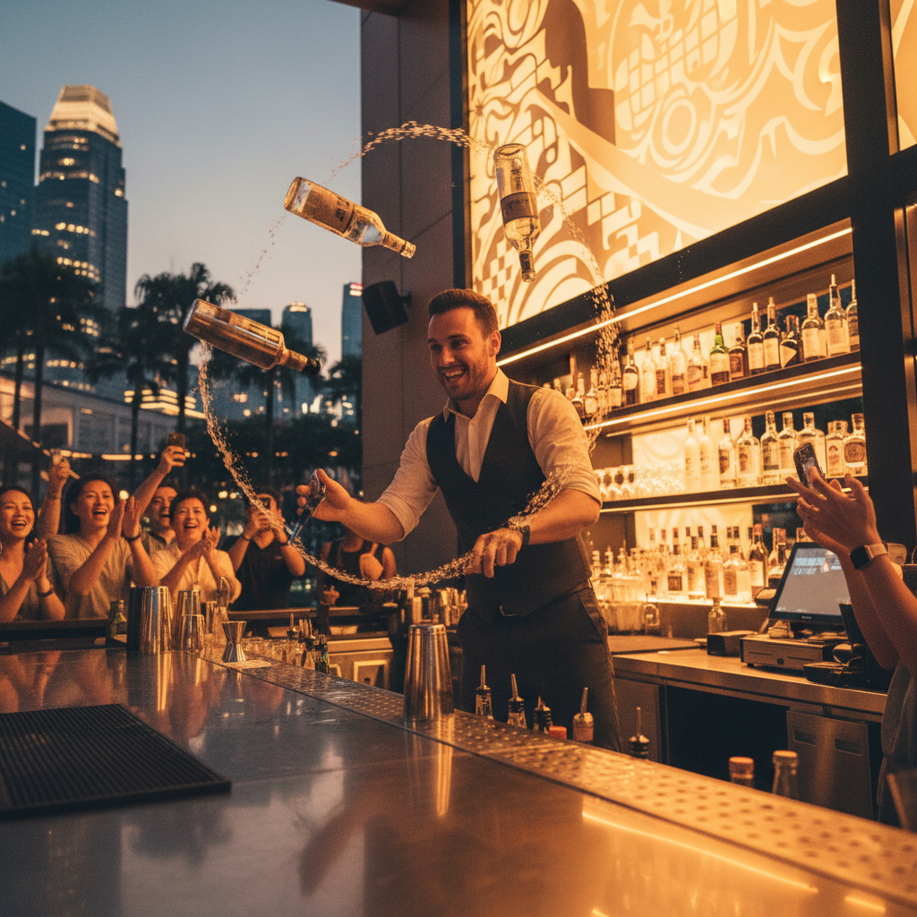 Luxoria Entertainment flair bartender performing bottle tricks at a vibrant brand activation in Singapore
