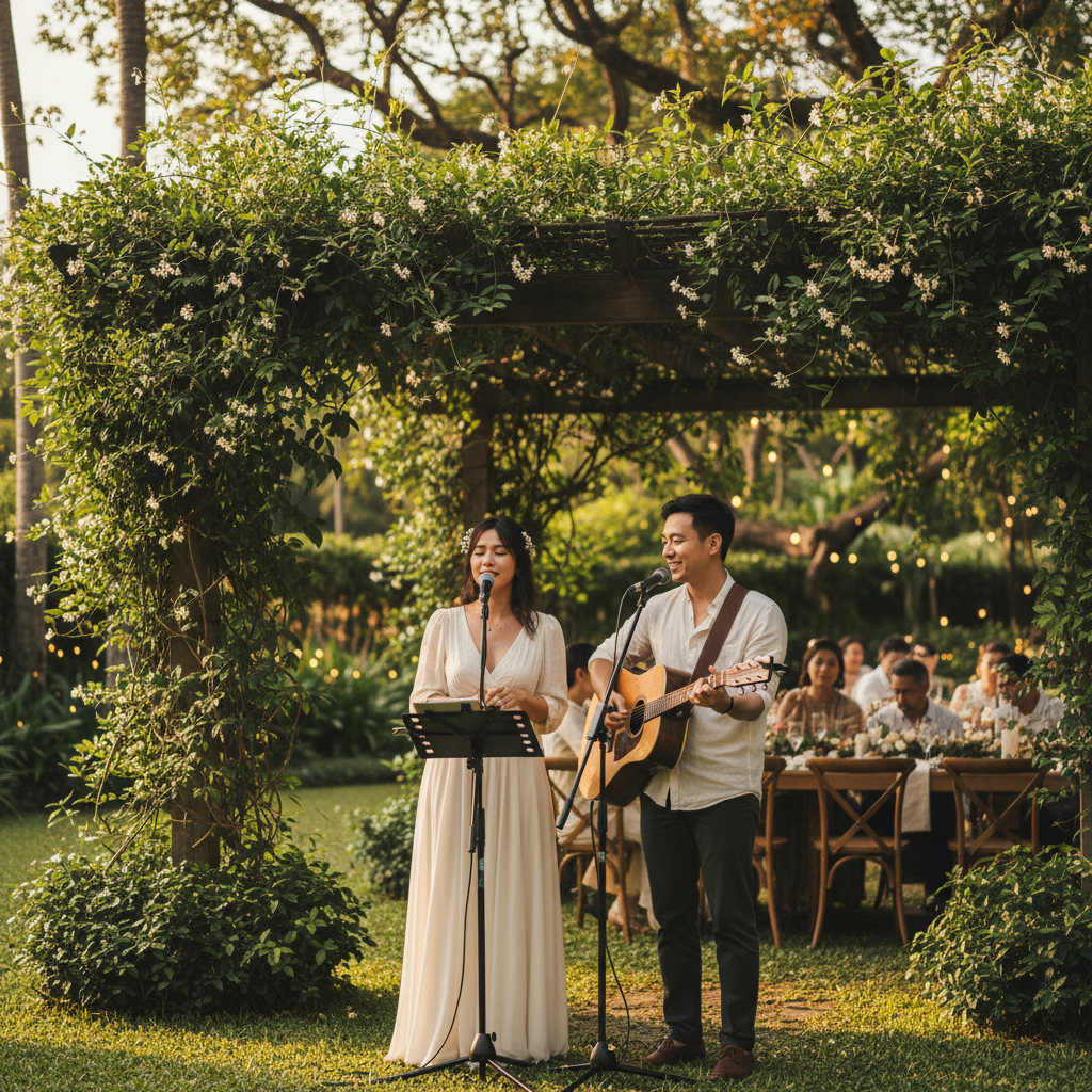 Luxoria Entertainment acoustic duo performing live during an outdoor garden wedding reception in Singapore