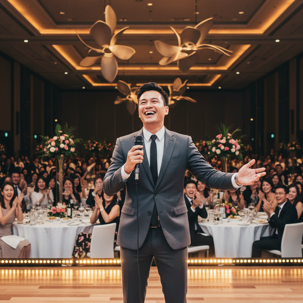 Bilingual corporate emcee engaging audience with microphone at a company dinner and dance in a Singapore ballroom