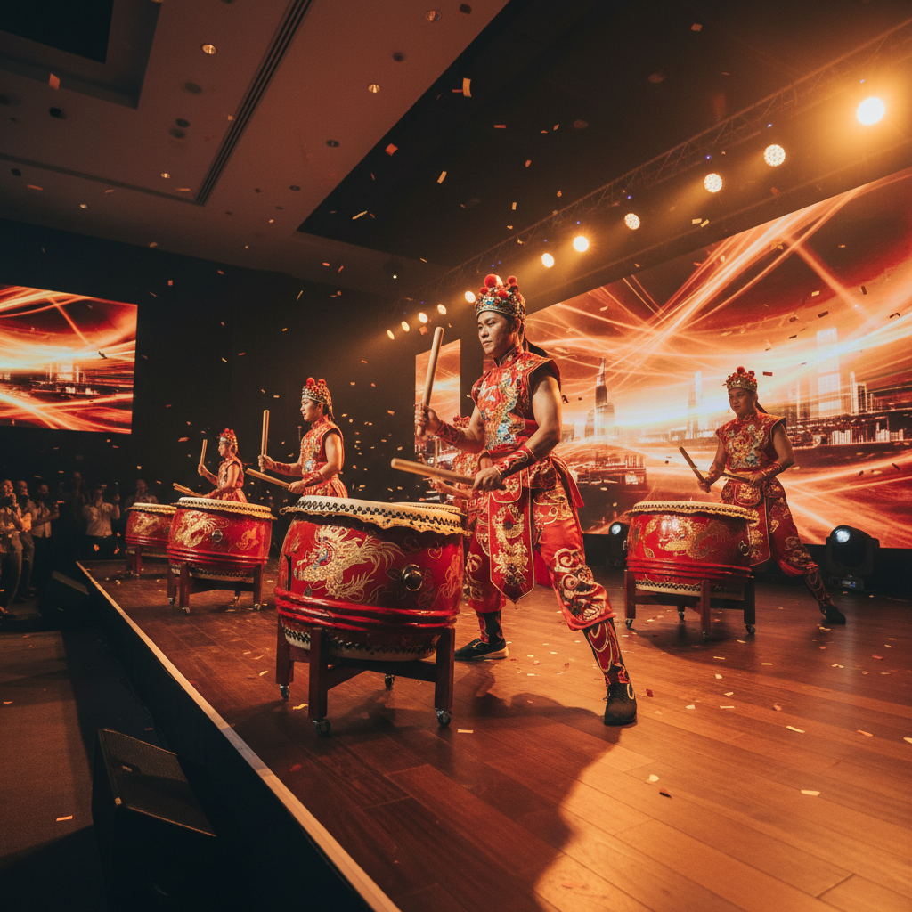 A dynamic shot of a Luxoria Entertainment Chinese drumming ensemble performing with vibrant drums and traditional costumes at a Singapore corporate event.