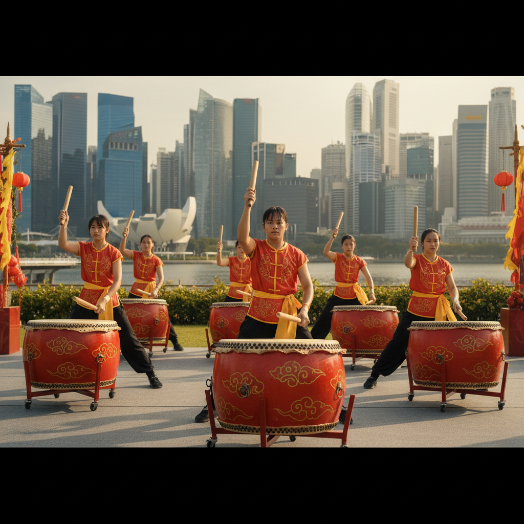 A dynamic Chinese drumming ensemble performing at an outdoor corporate event in Singapore, showcasing powerful rhythmic energy and traditional drums.