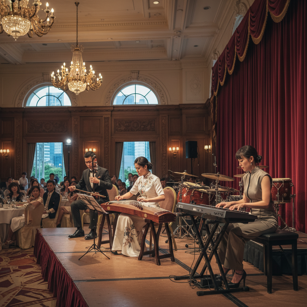 Luxoria Entertainment Chinese fusion band featuring guzheng, erhu, and piano performing at a luxury Singapore corporate gala