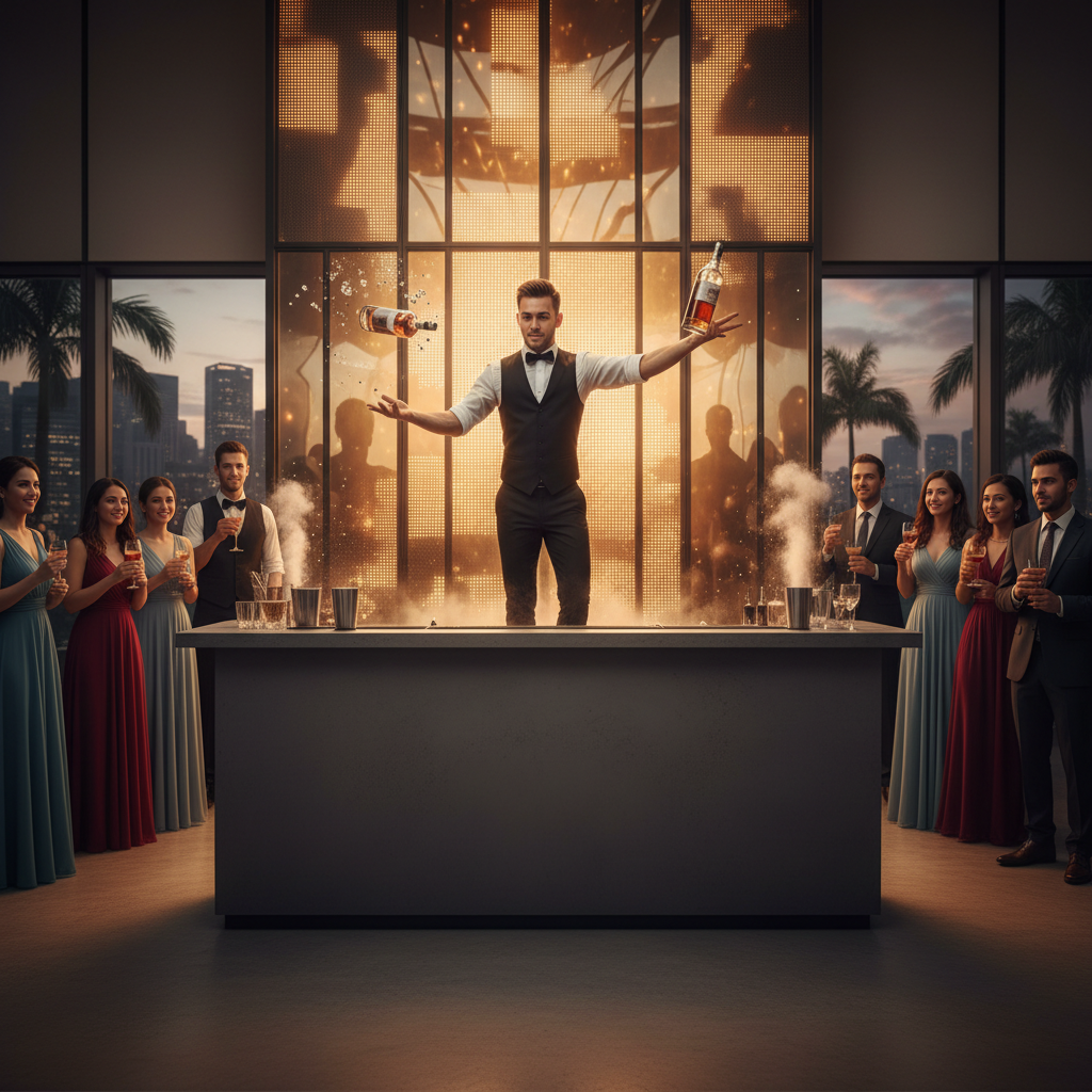A flair bartender in action at a sophisticated corporate event in Singapore, juggling bottles with skill and precision as guests watch.