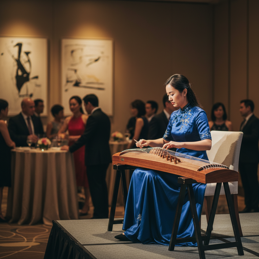Professional guzheng musician in elegant attire performing on stage at a corporate event in Singapore