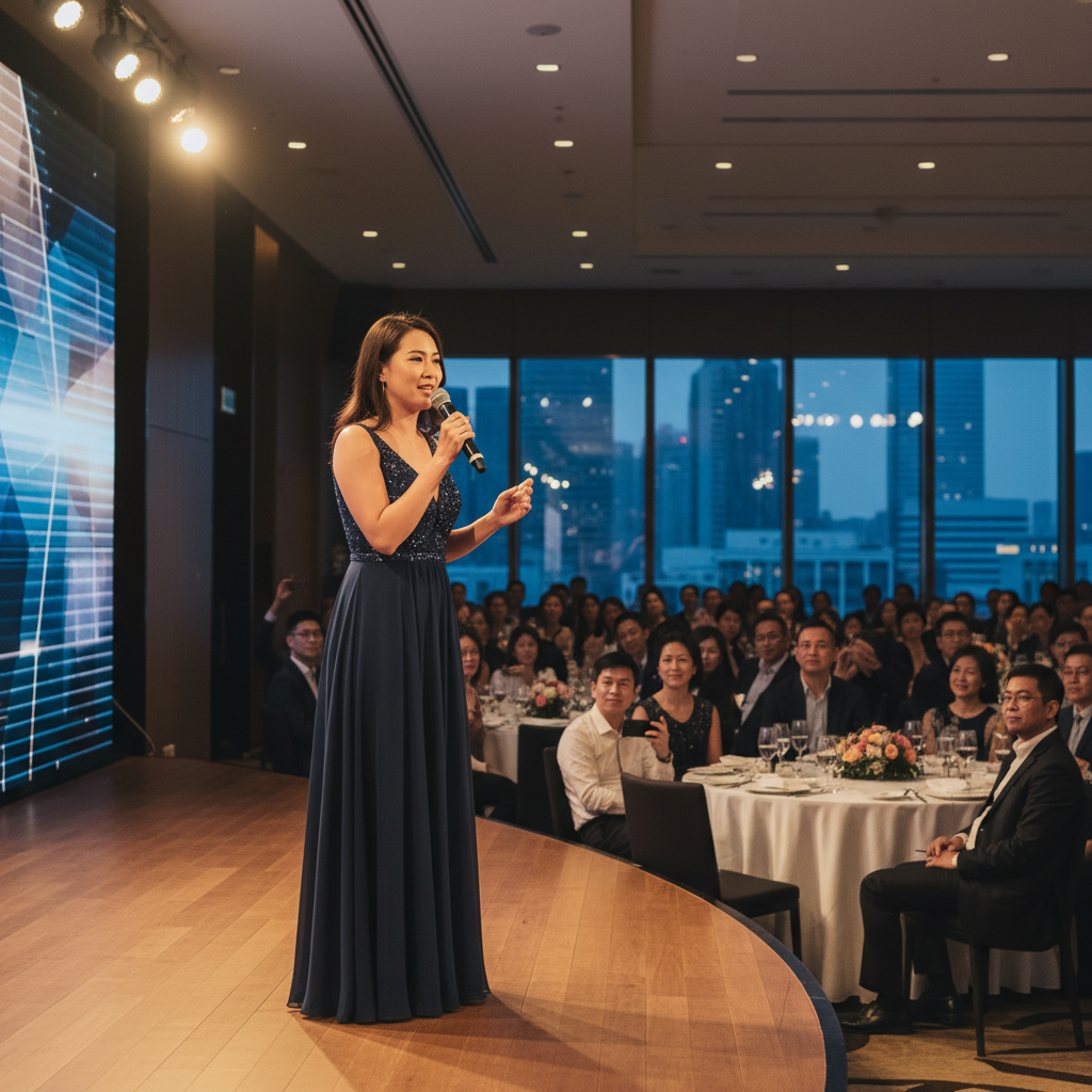 Professional emcee speaking at a luxury corporate award ceremony in a Singapore hotel ballroom